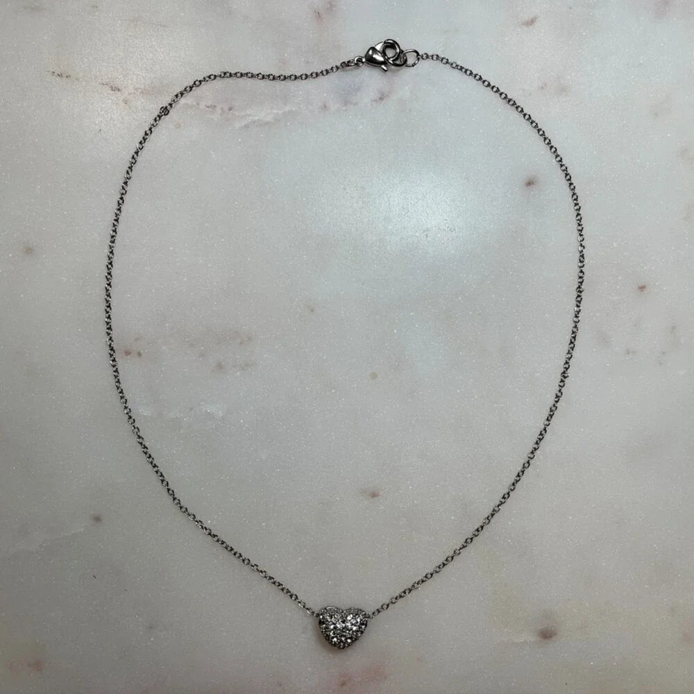 Y2K Vintage Silver Tone Pave Crystal Heart Necklace | 16